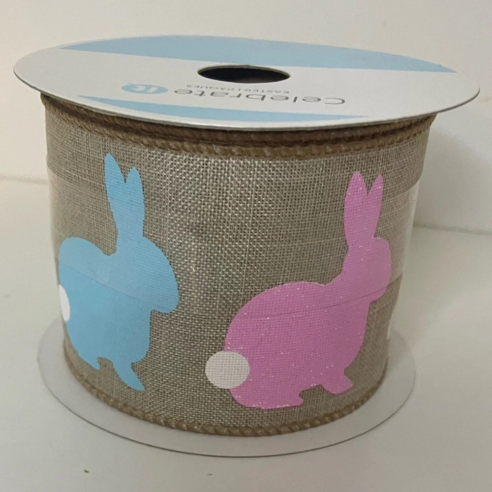 Burlap Ribbon with Colorful Bunny Design, Easter ribbon (Baby Shower) 2.5”x20ft